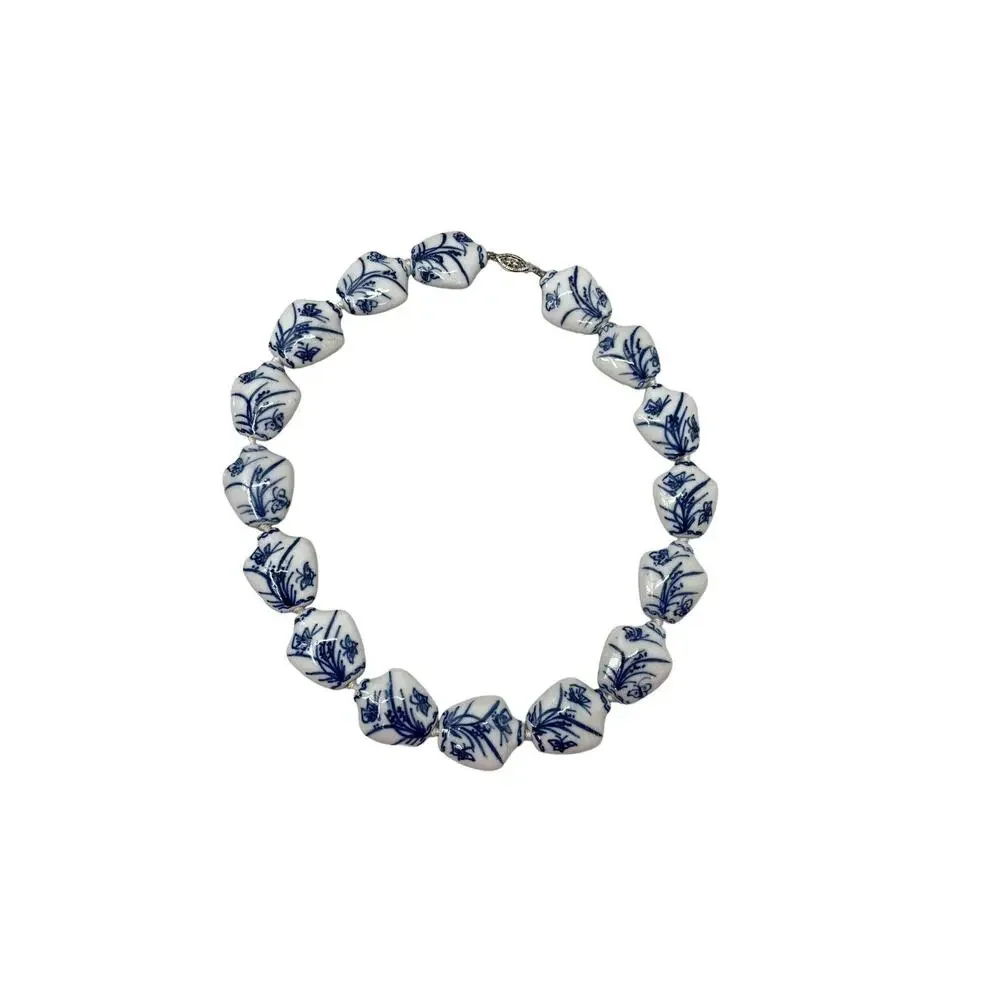 Vintage Chinese Export Beaded Porcelain Necklace Knotted Blue White